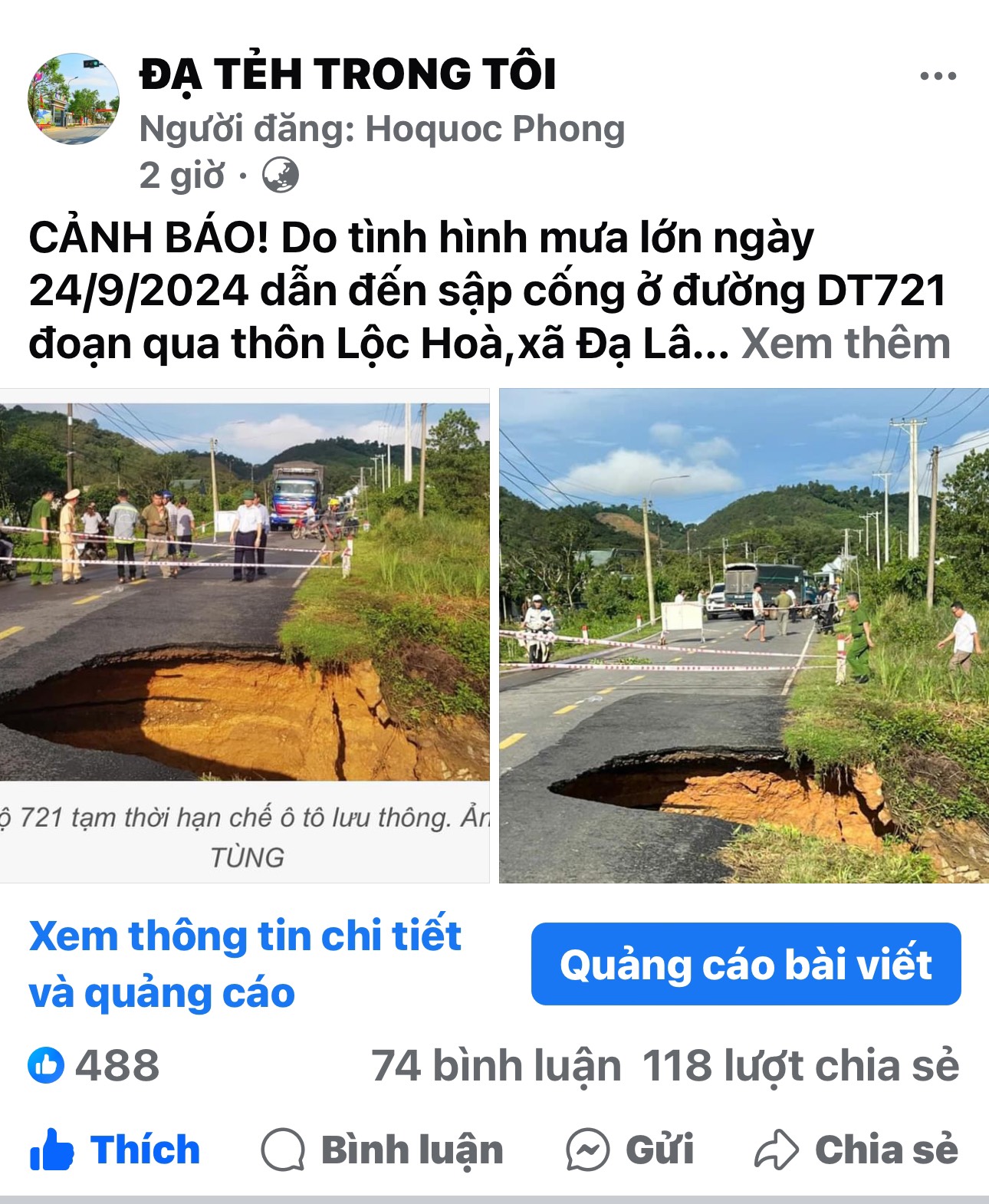 Một thông tin liên quan đến vấn đề dân sinh được Trang ĐẠ TẺH TRONG TÔI đưa trong sáng 25/9 đã nhận được sự quan tâm, chia sẻ của các thành viên