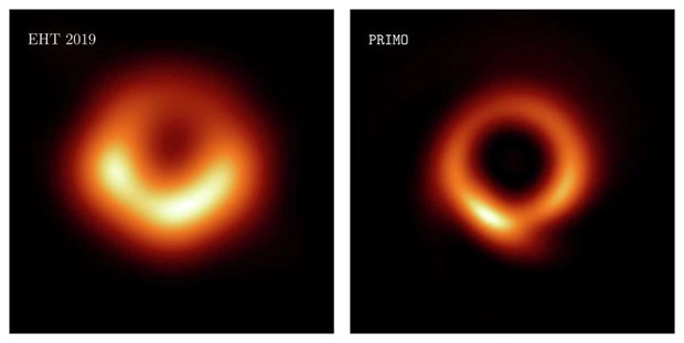 Hình ảnh hố đen được công bố năm 2019 (bên trái) và hình ảnh qua bộ lọc của AI năm 2023