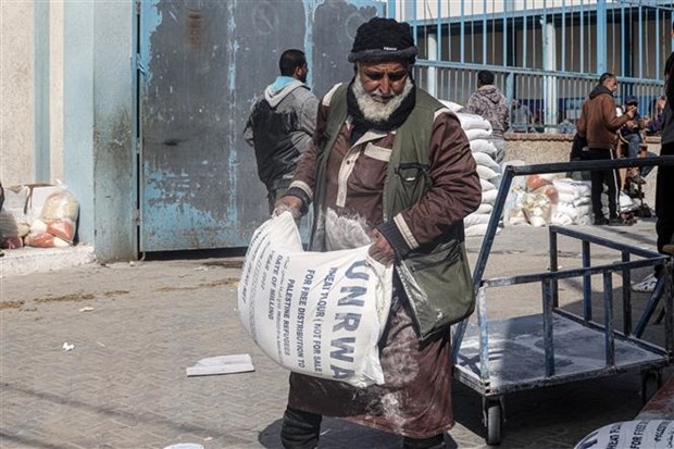 Người dân Palestine nhận hàng cứu trợ của Liên hợp quốc tại trại tị nạn Rafah, phía nam Dải Gaza, ngày 22/1/2023