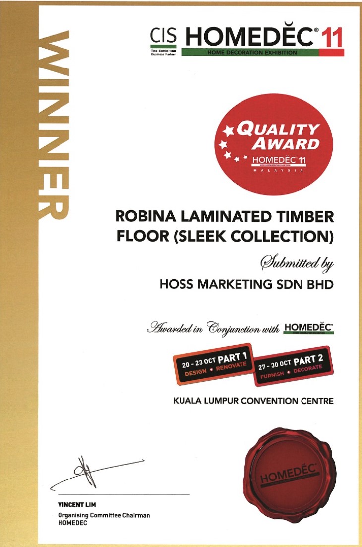 Giải thưởng danh giá công nhận tính thẩm mỹ và tính năng Homedec 11 Quality Award. Nguồn ảnh: Kosmos
