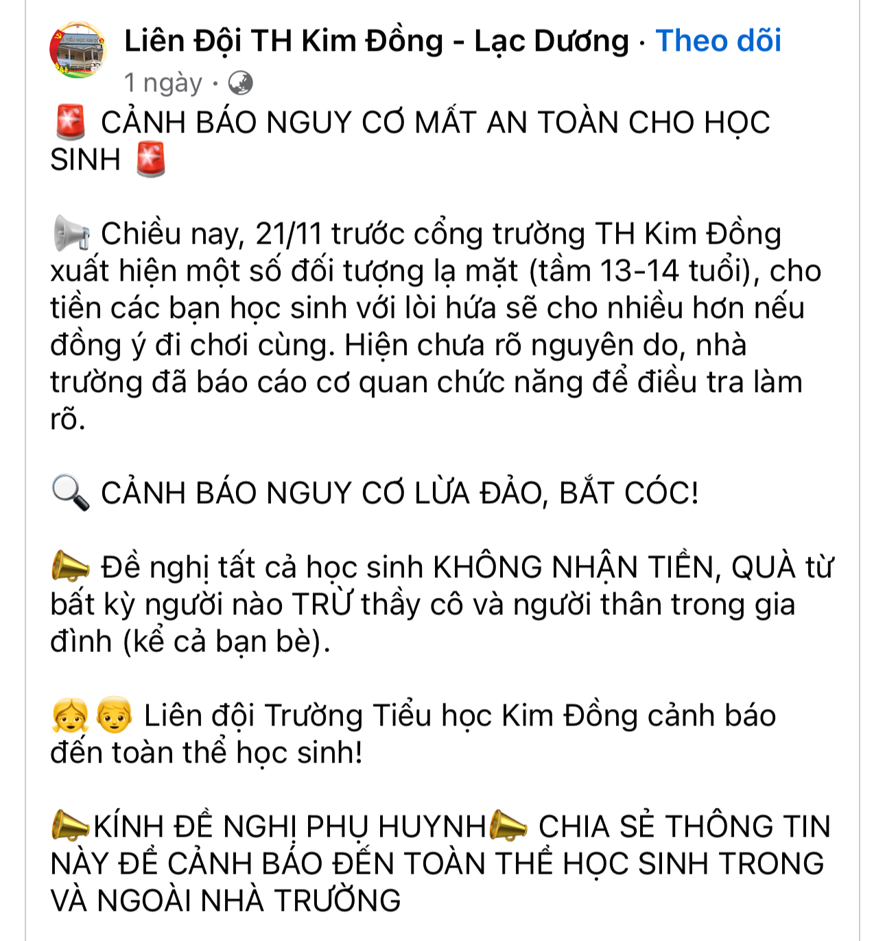 Trường Tiểu học Kim Đồng, huyện Lạc Dương đăng thông tin trên fanpage để cảnh báo đến phụ huynh học sinh 