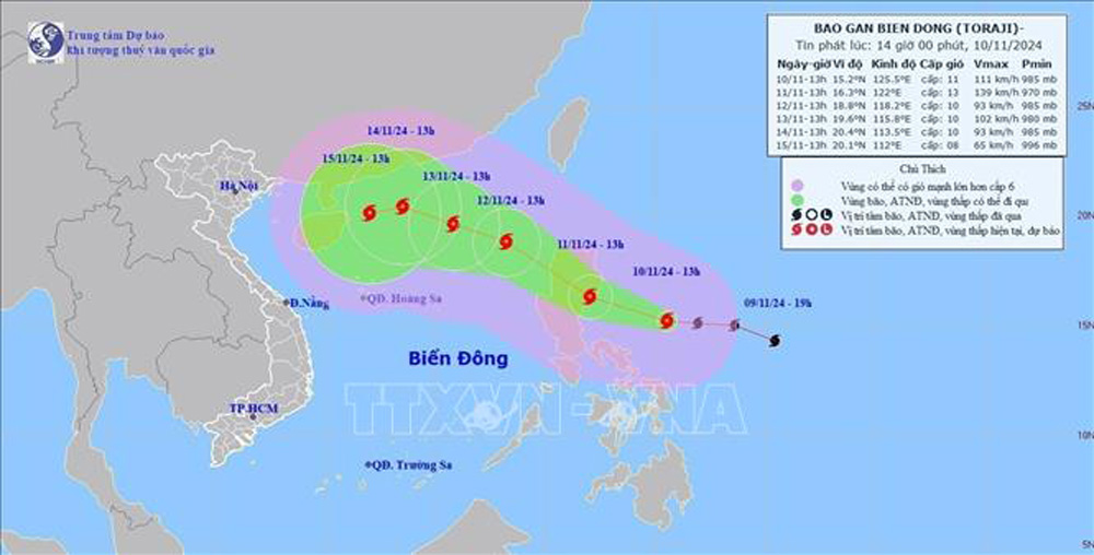 Đường đi của bão TORAJI, lúc 13h ngày 10/11/2024