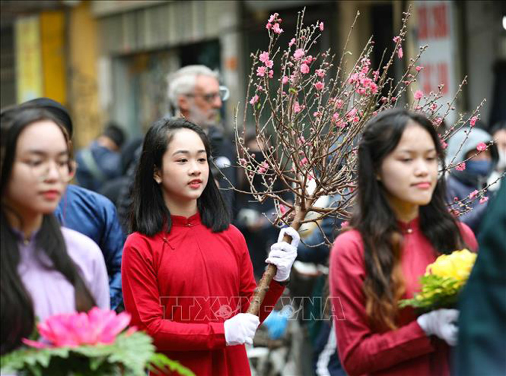 Thiếu nữ bên cành đào đón Xuân