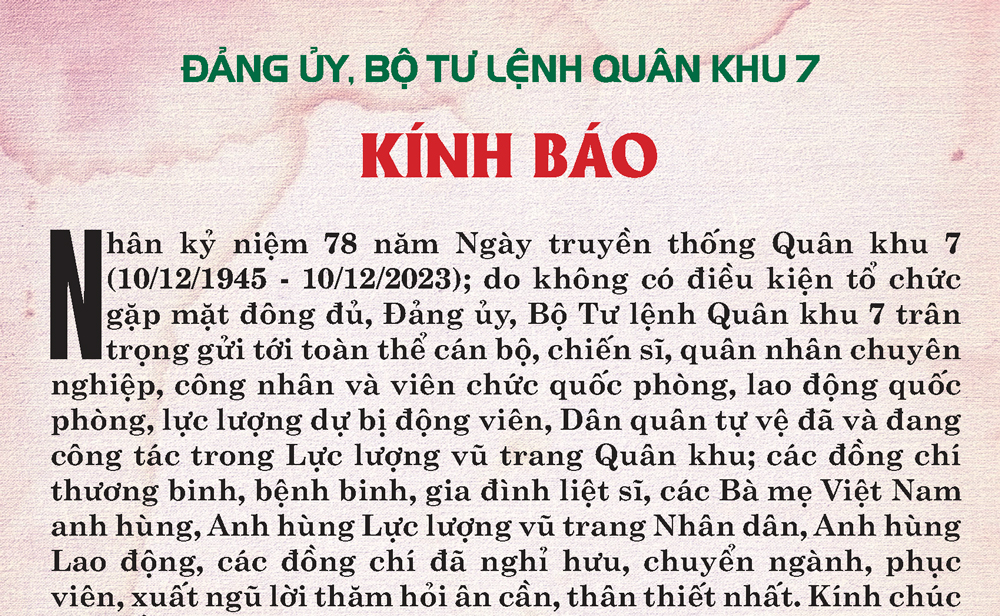 Đảng ủy, Bộ Tư lệnh Quân khu 7 kính báo