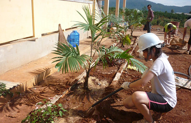 Sinh viên Singapore tham gia trồng cây xanh tại trường THCS Gia Bắc.