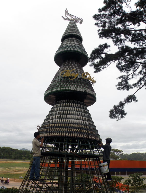 Làm mới cây thông bằng chai ở Công viên Xuân Hương