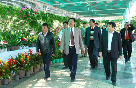 Đồng chí Đoàn Văn Việt (bìa phải) cùng Bí thư Tỉnh ủy đi kiểm tra các công trình phục vụ tết Tân Mão tại Đà Lạt.