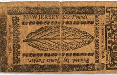Tờ 6 bảng ra đời năm 1761 của bang New Jersey (Mỹ) ghi rõ tội làm tiền giả sẽ bị chặt đầu