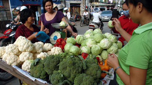 Giá rau củ quả ở chợ lẻ đang giảm chậm (ảnh chụp trên đường Huỳnh Văn Bánh, Q.Phú Nhuận, TP.HCM) - Ảnh: N.C.T.