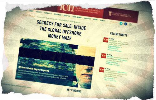 Website của Liên minh Quốc tế các Nhà báo Điều tra (ICIJ) công bố hồ sơ “OffshoreLeaks” lật tẩy 120.000 tài khoản kếch sù của những cá nhân và công ty trốn thuế