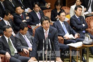 Phát biểu tại phiên họp Hạ viện ở Tokyo ngày 25/11, Thủ tướng Nhật Bản Shinzo Abe (giữa) bày tỏ quan ngại về việc Trung Quốc đơn phương tuyên bố thiết lập Vùng nhận diện phòng không (ADIZ) trên biển Hoa Đông. (Nguồn: AFP/ TTXVN)