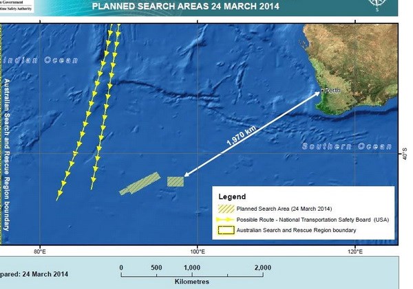 Khu vực tìm kiếm máy bay mất tích ngày 24/3 (Nguồn: AMSA)