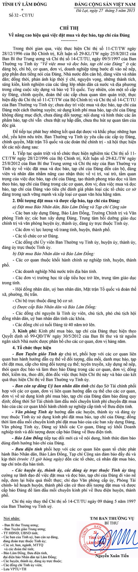 Chỉ thị về nâng cao hiệu quả việc đặt mua và đọc báo, tạp chí của Đảng