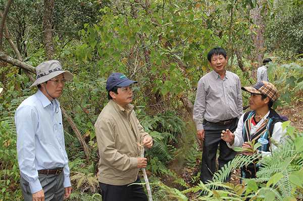 Chủ tịch UBND tỉnh Đoàn Văn Việt (thứ hai, bên trái) kiểm tra công tác quản lý bảo vệ rừng tại Vườn quốc gia Bidoup - Núi Bà. Ảnh: MINH ĐẠO