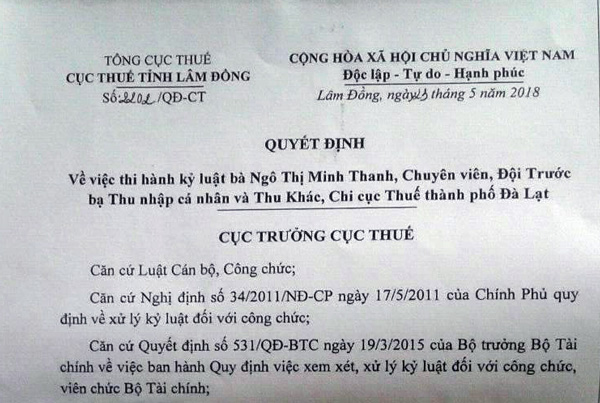 Quyết định kỷ luật đối với cán bộ thuế vi phạm kỷ luật của ngành