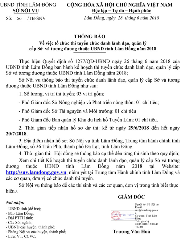 Thông báo: Về việc tổ chức thi tuyển chức danh lãnh đạo, quản lý cấp Sở và tương đương thuộc UBND tỉnh Lâm Đồng năm 2018