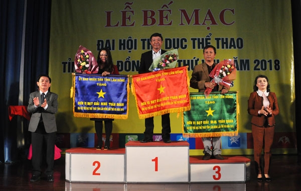 Lãnh đạo UBND tỉnh và lãnh đạo ngành Văn hóa Thể thao Du lịch tỉnh trao cờ thi đua cho 3 đơn vị dẫn đầu toàn đoàn tại Đại hội