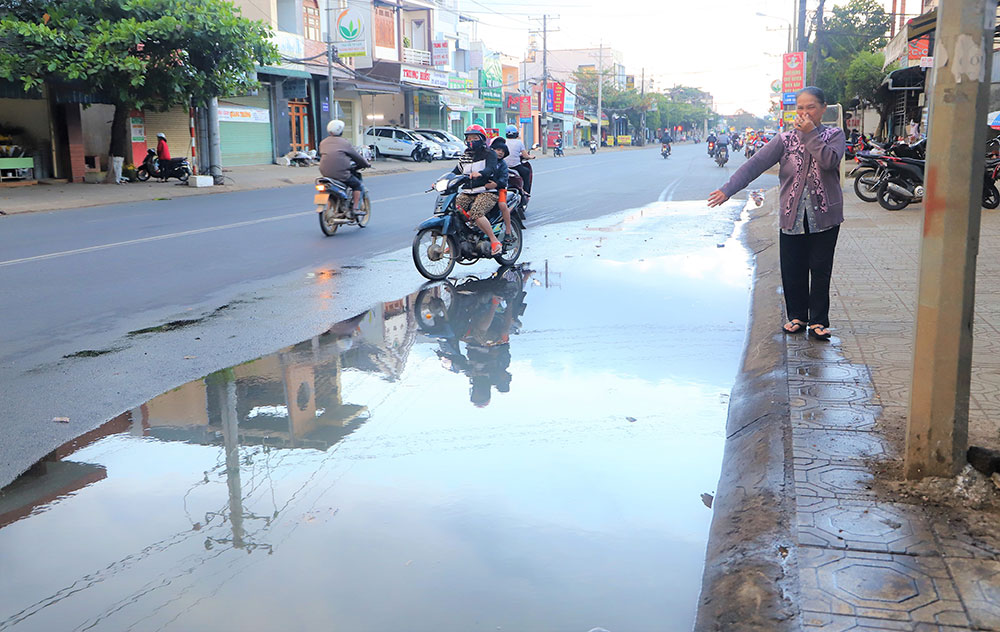 Bà La Thị Bằng phải bịt mũi khi đến gần vũng nước thải bị ứ đọng (Ảnh - Hải Đường)