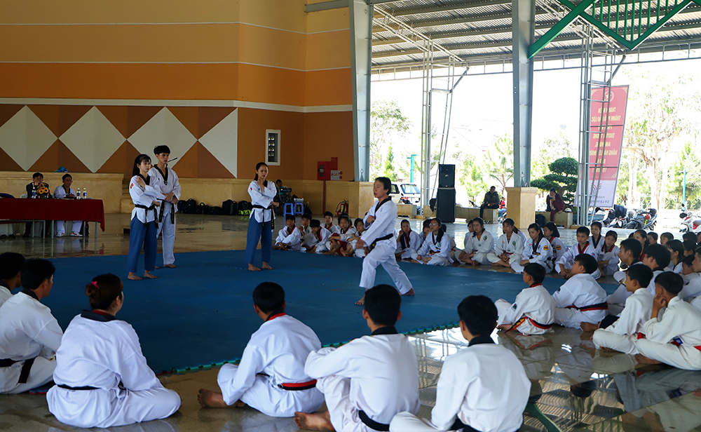 Các giảng viên và kiện tướng Taekwondo hướng dân những kỹ thuật mới của bộ môn Taekwondo cho VĐV và huấn luyện viên Lâm Đồng