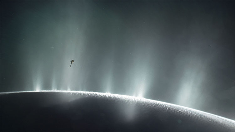 Cassini bay trên vùng trời đầy "hơi thở sự sống" của Enceladus - (ảnh đồ họa từ NASA)