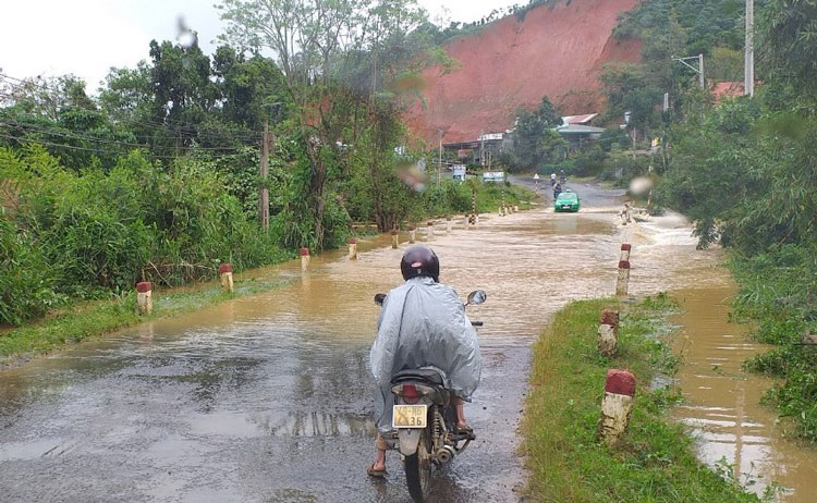 Cống Ngầm (trên Quốc lộ 55 - xã Lộc Nam) bị ngập sâu khiến giao thông ách tắc