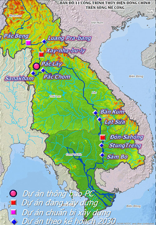 Bản đồ 11 công trình thủy điện dòng chính trên sông Mê Kông. Ảnh: internet