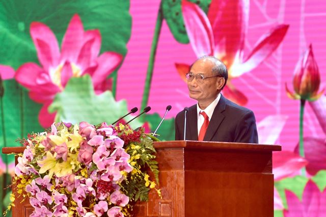 Đồng chí Nguyễn Văn Đoàn, nguyên cán bộ bảo vệ Bác Hồ phát biểu tại lễ kỷ niệm.