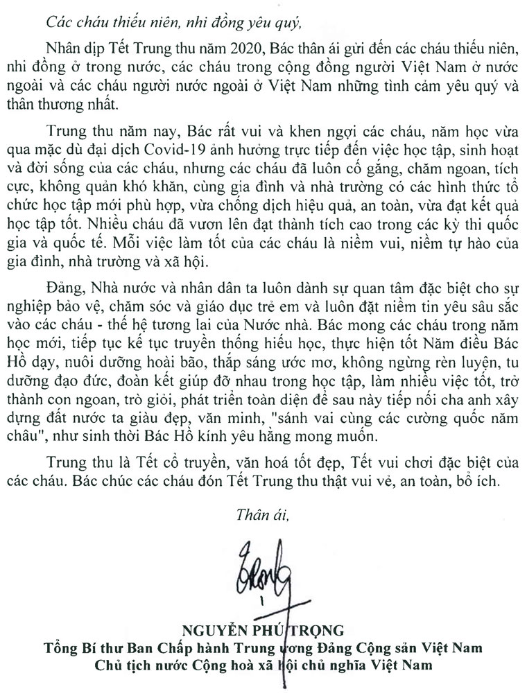 Thư của Tổng Bí thư, Chủ tịch nước Nguyễn Phú Trọng gửi các cháu thiếu niên, nhi đồng nhân dịp Tết Trung thu năm 2020