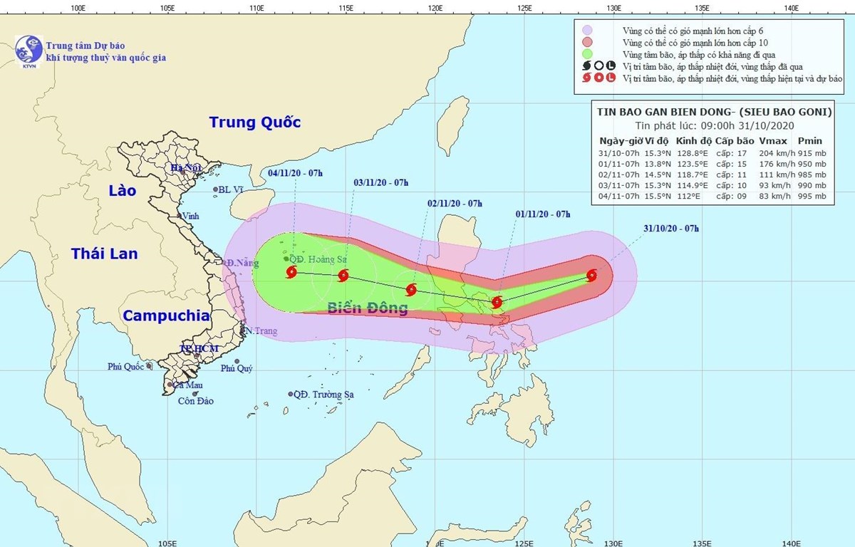 Siêu bão Goni di chuyển theo hướng Tây, sức gió cấp 13, giật cấp 15