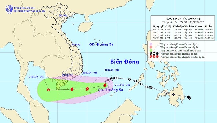 Vị trí và đường đi của áp thấp vào lúc 5 giờ ngày 21/12. 