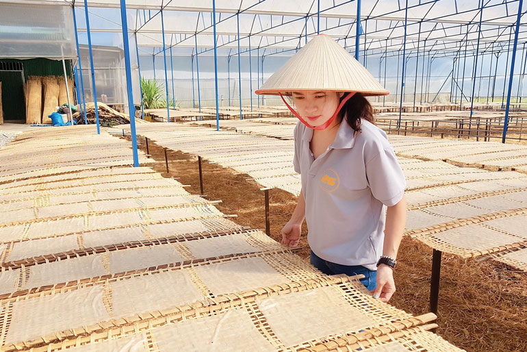 Hoàng Bảo Trâm kiểm tra cơ sở sản xuất bánh tráng tại xã Lạc Lâm, huyện Đơn Dương