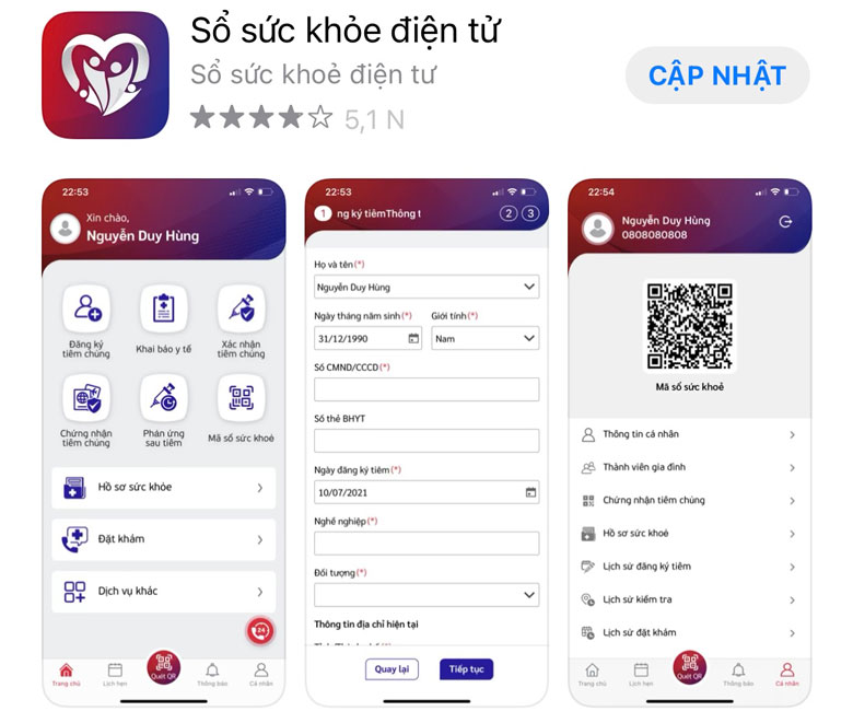 Giao diện trên diện thoại của ứng dụng “Sổ sức khỏe điện tử”