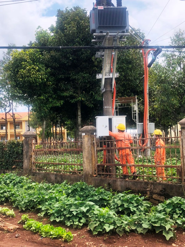 Cán bộ, nhân viên Điện lực Đức Trọng kiểm tra các yếu tố an toàn kỹ thuật tại trạm biến áp