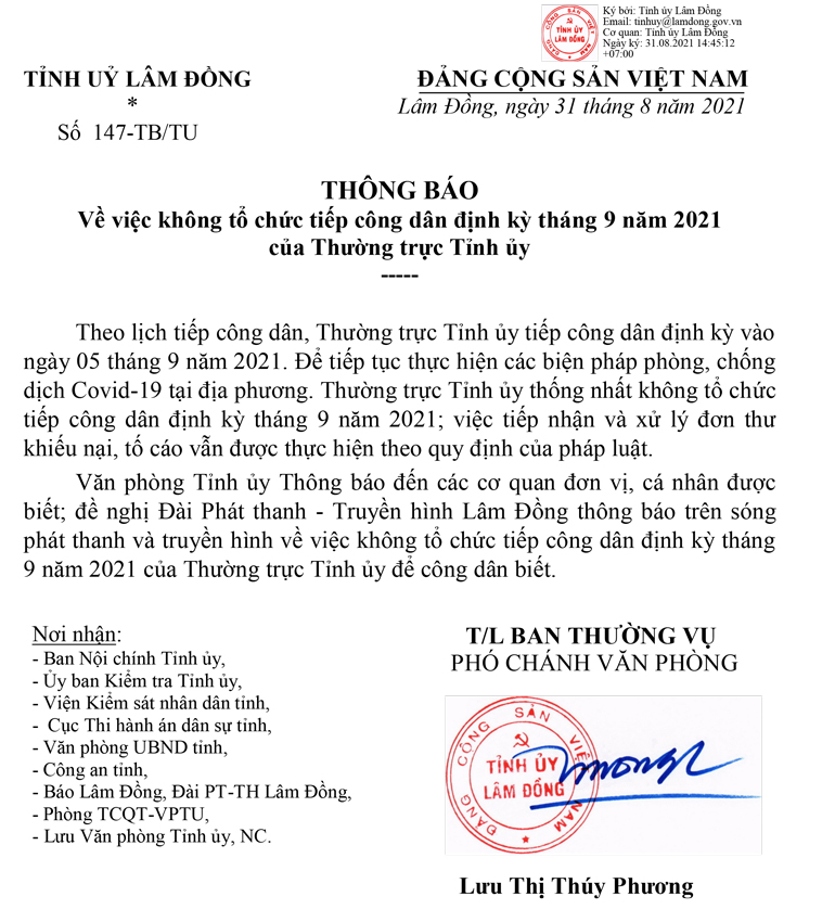 Thông báo về việc không tổ chức tiếp công dân định kỳ tháng 9 năm 2021 của Thường trực Tỉnh ủy