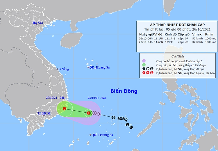 Thời tiết ngày 26/10: Áp thấp gây mưa to khu vực Trung Trung Bộ, Tây Nguyên và Nam Bộ