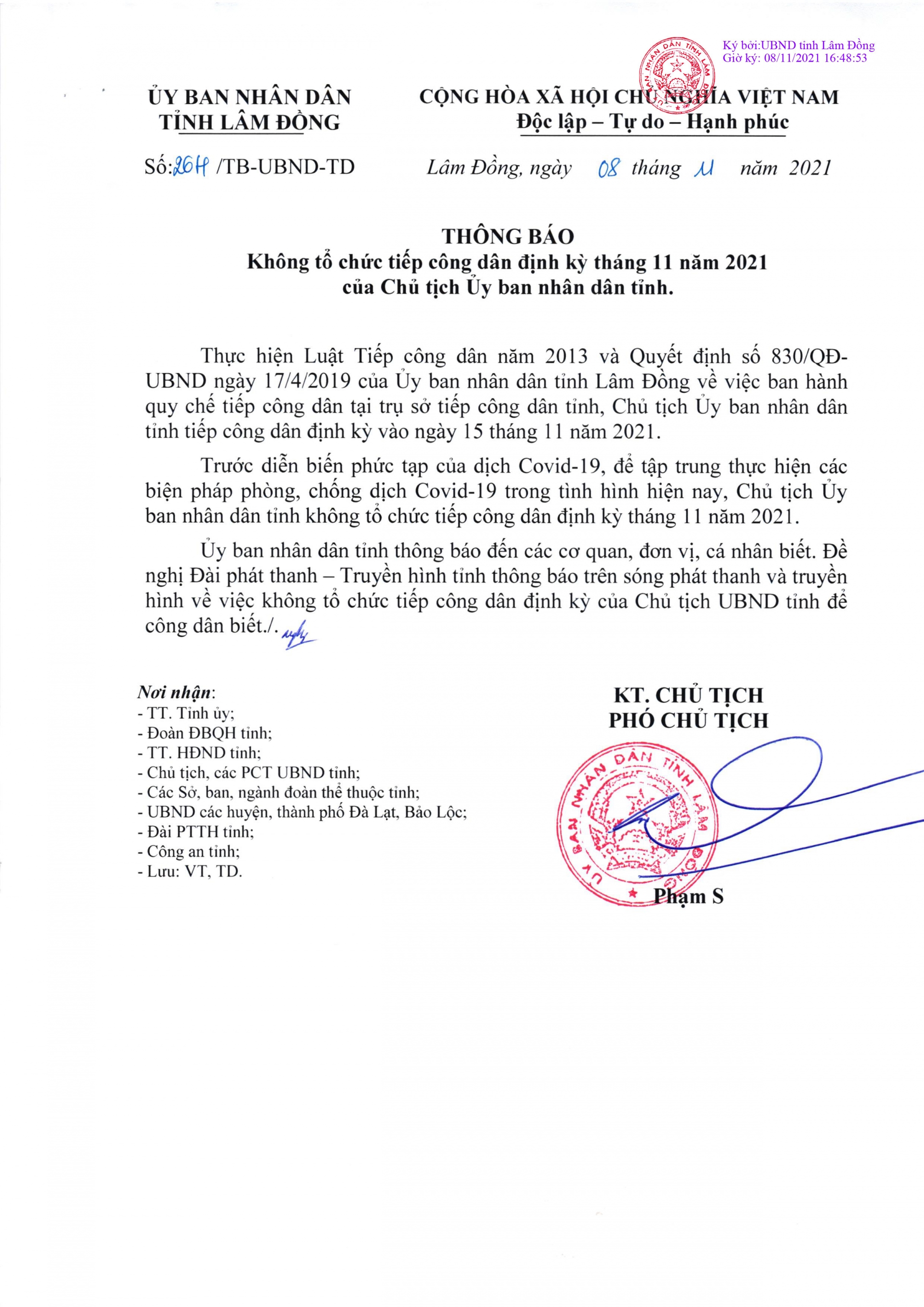 Thông báo không tổ chức tiếp công dân định kỳ tháng 11 năm 2021 của Chủ tịch Ủy ban Nhân dân tỉnh