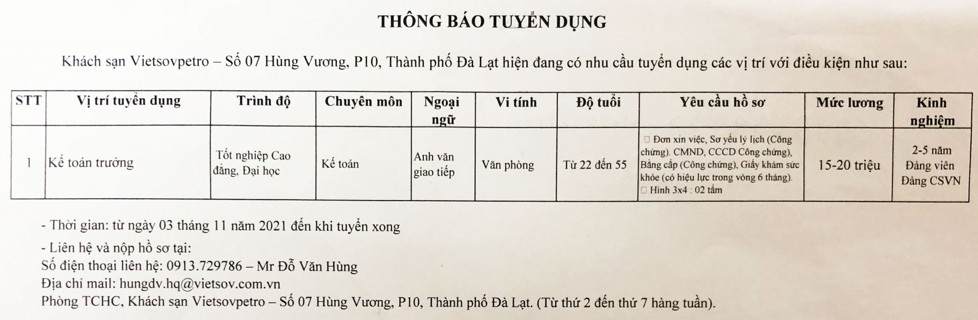 Thông báo tuyển dụng