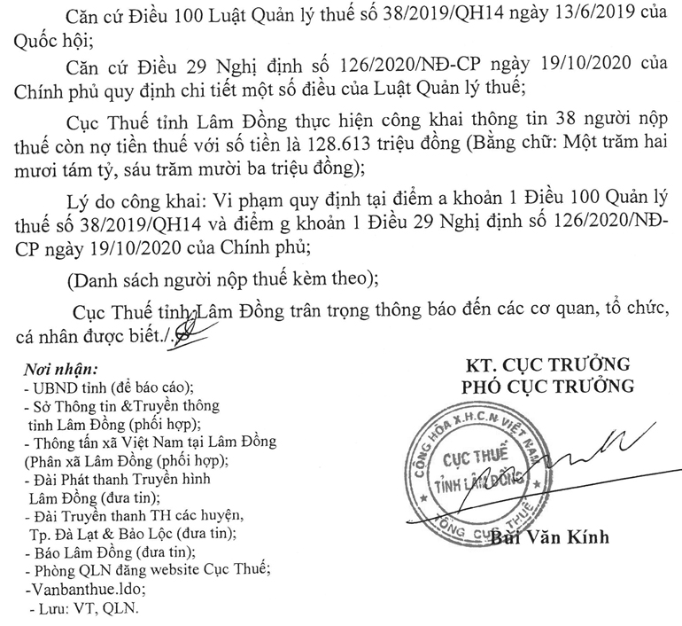 Thông báo về việc công khai danh sách người nộp thuế nợ tiền thuế