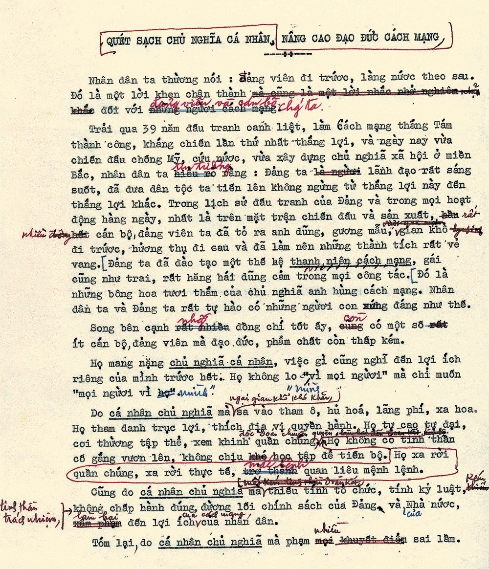 Một trang bản thảo bài viết của Chủ tịch Hồ Chí Minh: “Nâng cao đạo đức cách mạng, quét sạch chủ nghĩa cá nhân” (3/2/1969). Ảnh TL