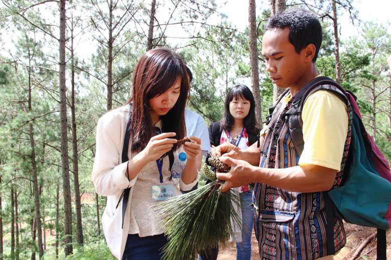 Một thanh niên dân tộc Cơ Ho tại huyện Lạc Dương làm hướng dẫn viên du lịch trải nghiệm rừng