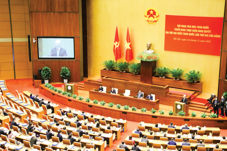 Quang cảnh Tổng Bí thư Nguyễn Phú Trọng phát biểu chỉ đạo Hội nghị Văn hóa toàn quốc 2021. Ảnh: TTXVN