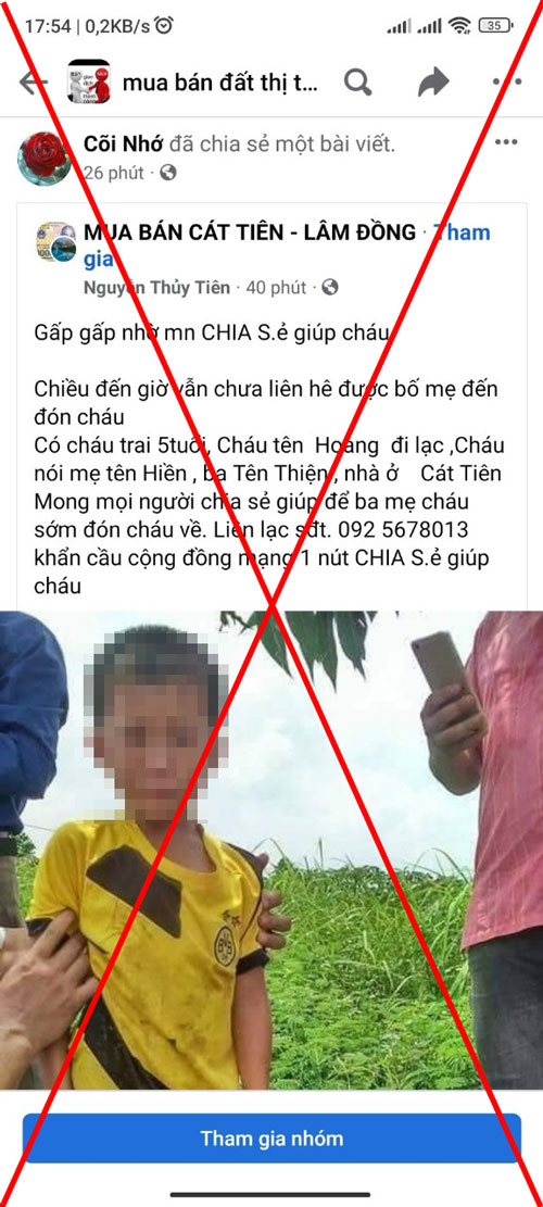 Tài khoản Nguyễn Thủy Tiên đã đăng tải thông tin sai sự thật về trường hợp một cháu bé 5 tuổi, tên Hoàng có mẹ tên Hiền, ba tên Thiện nhà ở Cát Tiên