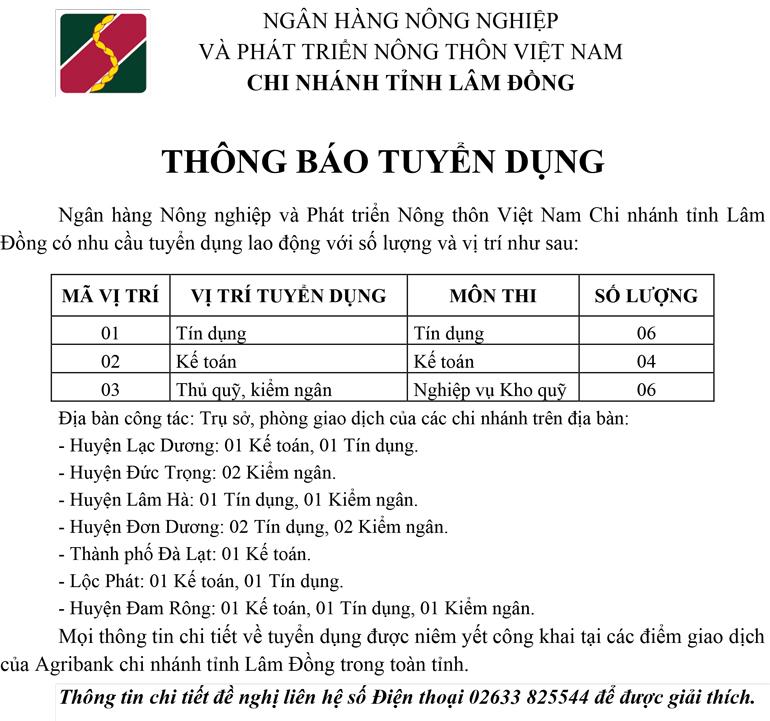 Ngân hàng Nông nghiệp và Phát triển Nông thôn Việt Nam Chi nhánh tỉnh Lâm Đồng thông báo tuyển dụng