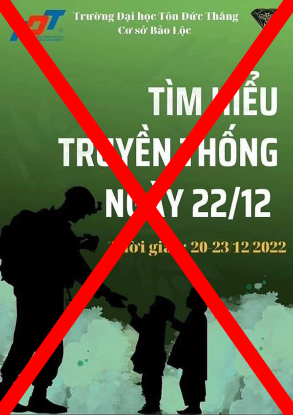 Bảo Lộc: Xác minh, làm rõ banner Đại học Tôn Đức Thắng (cơ sở Bảo Lộc) xuất hiện trên facebook có hình lính Mỹ